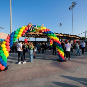 Dignity Health Sports Park decorated in Pride colors for Pride Night.