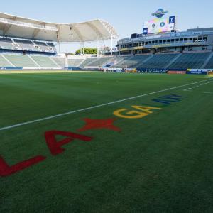 The field at Dignity Health Sports Park decorated in Pride colors during the LA Galaxy's Pride Night.
