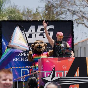 LA Kings Mascot Bailey on AEG Pride float with DJ