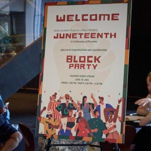 Sign that says "Welcome Juneteenth Block Party"