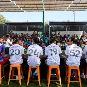 LA Galaxy players Edwin Cerrillo, John McCarthy, Mauricio Cuevas, Tucker Lepley, Isaiah Parente and Jalen Neal helped host a pep rally before the backpack distribution.