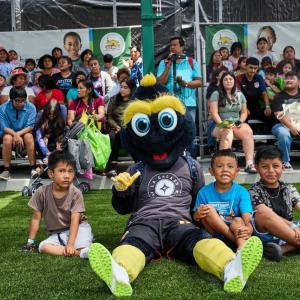 LA Galaxy's Cozmo joined in on pep rally games during the event.