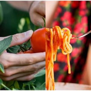collage: a hand holding a tomato, a hand holding a forkful of spaghetti