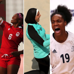 Four athletes celebrating