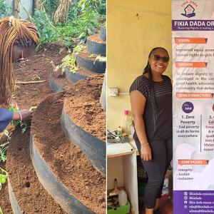 Two separate photo's, photo on the left is a person gardening, photo on the right is two people stood either side of a banner