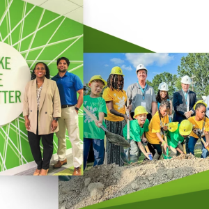 Collage with text "Make Life Better" and people working in yellow hardhats