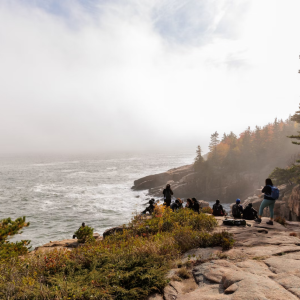 People standing and sitting on a rock next to water and trees