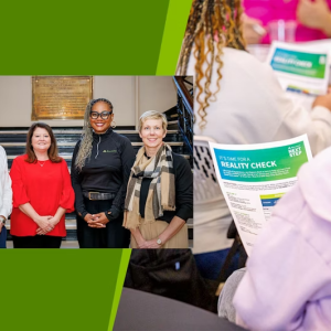 Collage showing four people standing together, and people looking at flyers