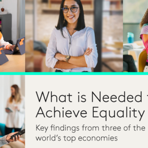 Collage of tech workers, with text: "What is needed to achieve equality in tech?" Key findings from three of the world's top economies