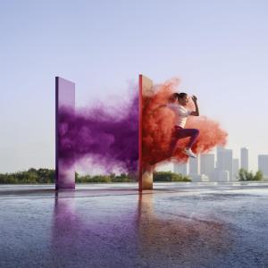 Graphic of person jumping through colored panels over water