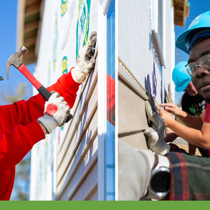 A collage of two people in blue hard hats working on homes