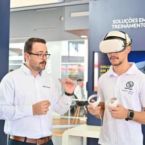 A person being instructed while using virtual reality equipment
