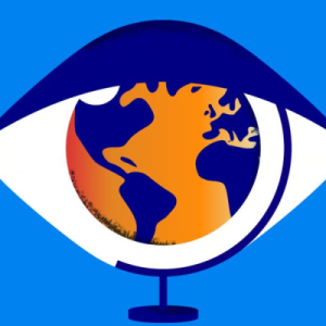 Digital art, a desk globe positioned to appear as the pupil of an eye on a blue background.