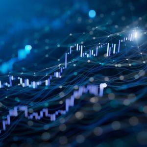Abstract, futuristic visualization of trend graph and wavy lines with blue background