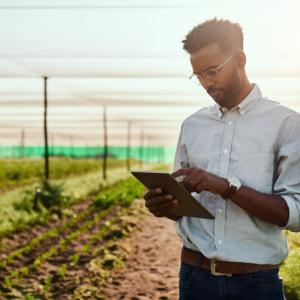 person looking at tablet in outside