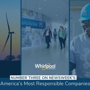 Collage of 3 photos. Wind turbines; employees walking down a hallway;  employee with hardhat and goggles smiles