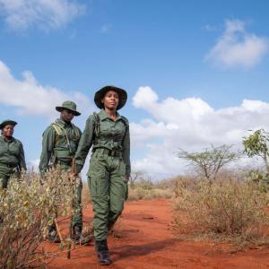 Domtilah Wakesho Mwashighad with other rangers on patrol in Kasigau Wildlife Conservancy in Taita Taveta County, Kenya.  Enduring Earth is working in Kenya to protect and restore critical landscapes while promoting biodiversity conservation and sustainable land management practices for both people and wildlife.