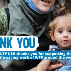 Parent and child with the words, "Thank you"