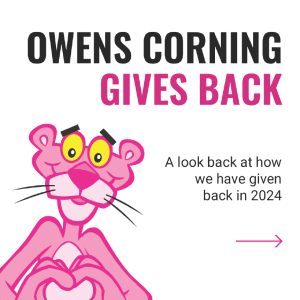 "Owens Corning Gives Back". Pink panther makes heart with hands.
