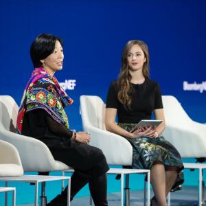 Two people in discussion: Edison International's Caroline Choi highlighted the company's nearly $800 million transportation electrification program, the largest for an investor-owned utility, at the BNEF Summit in San Francisco.