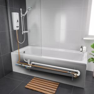 A render of the plumbing inside a bath tub and shower