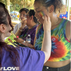 Person having a rainbow painted on their face