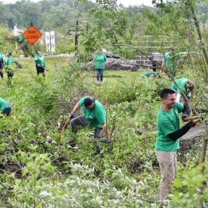 Volunteers helping to clean up and outdoor space 
