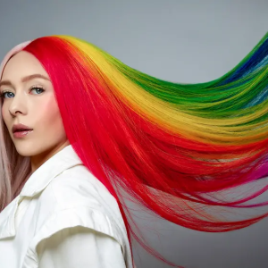 A person with long rainbow hair