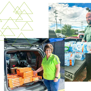 Collage: People placing supplies in car trunks