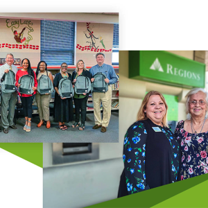 Collage with people holding backpacks and two people smiling together next to a Regions ATM.