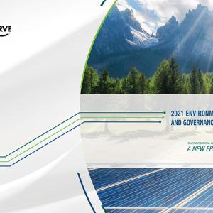 Flowserve 2021 ESG Report Cover featuring image of sun shining on mountains and trees