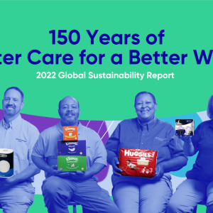 150 years of better care for a better world. Four people holding colorful Kimberly-Clark products.
