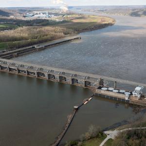 aerial view of hydroelectric dam on a river
