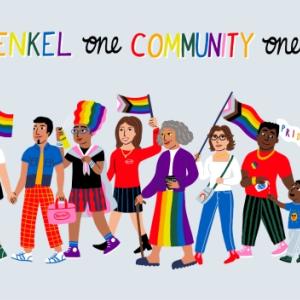 Artistic representation of pride parade with the words, "one Henkel, one community, one love"
