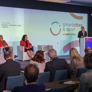 IOC President speaking and panel on stage