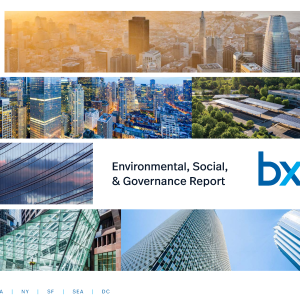 2022 bxp Environmental, Social, & Governance Report with cityscapes in background