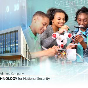 image with building in background with children in the foreground and CACI logo