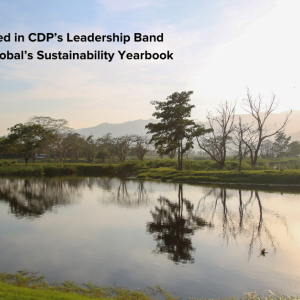 "Gildan Included in CDP’s Leadership Band and in S&P Global’s Sustainability Yearbook" text against a nature backdrop
