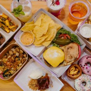 Various food and drinks on a table