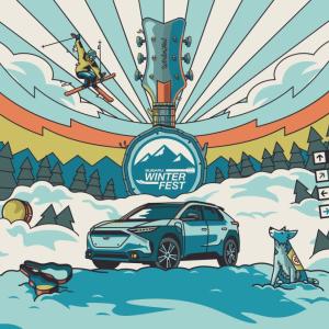 poster for event with skiing and a Subaru car