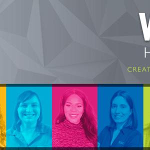 "BLAZING TRAILS FOR SUCCESS AND ACHIEVEMENT, Women's History Month Creating a more equal tomorrow" with all of the headshots of the women