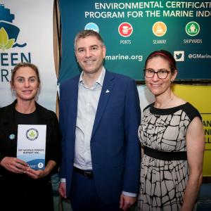 (left to right) Bronwyn Pountney (Environment Manager, DP World), David Bolduc (President and CEO of Green Marine), and Eleanor Kirtley (Senior Program Manager, Green Marine) accepting Green Marine recertification for Prince Ruport Port.