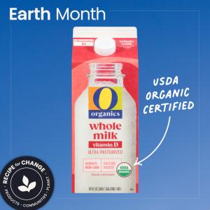 O Organics whole milk with text that says "USDA ORGANIC CERTIFIED"