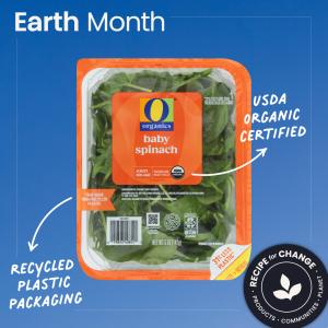 O Organics baby spinach with text that says "USDA ORGANIC CERTIFIED" and "RECYCLED PLASTIC PACKAGING"