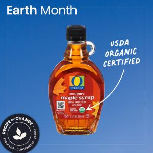 O Organic maple syrup with text that says "USDA ORGANIC CERTIFIED"