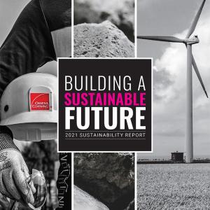"Building a Sustainable Future" with images of rocks and a picture of a windmill