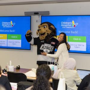Nurses at Children’s Hospital Los Angeles were excited to see LA Kings mascot Bailey.