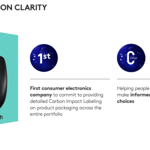 M100 mouse box with the text "First consumer electronics company to commit to providing detailed Carbon Impact Labeling on product packaging across the entire portfolio" "Helping people make informed choices" "Holding ourselves accountable for reductions"