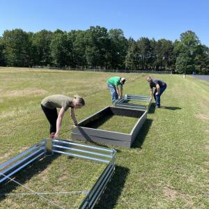 A team of people helping to build raised beds in a field for planting fruit and veg