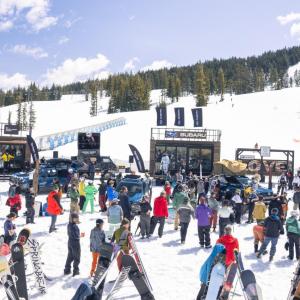 People milling about at a ski area
